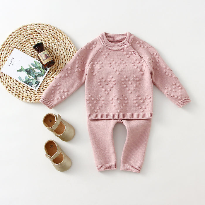Girls Knitted Sweater And Pants Set Solid Color Pink
