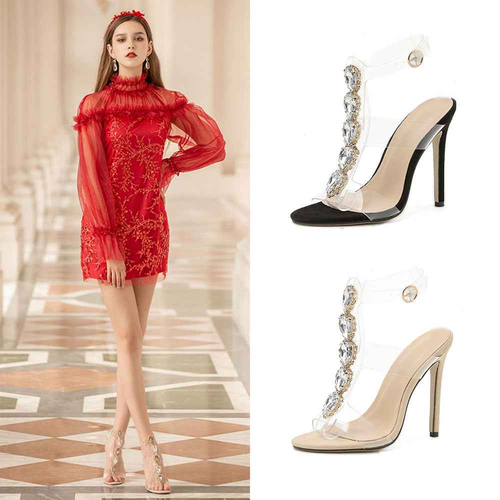 New Heart-shaped Gemstone Transparent Stiletto Sandals For Women