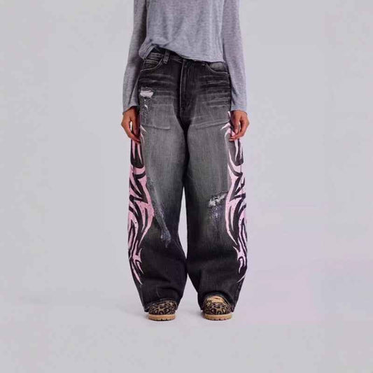 Womens Distressed Relaxed-Fit Denim Jeans With A Bold Totem Print And Extra-Wide Legs