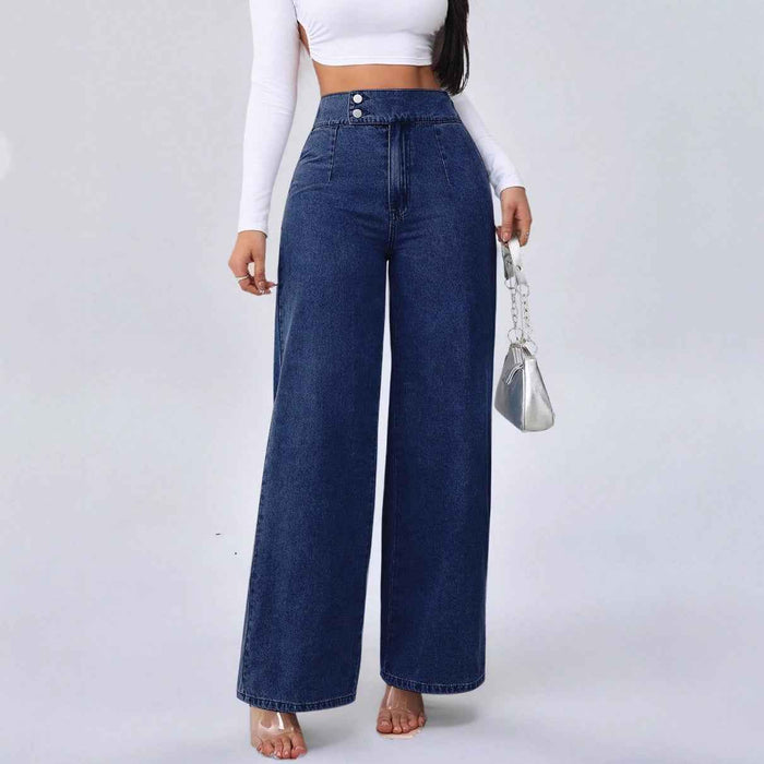 Jean large taille haute rétro bleu foncé pour femme
