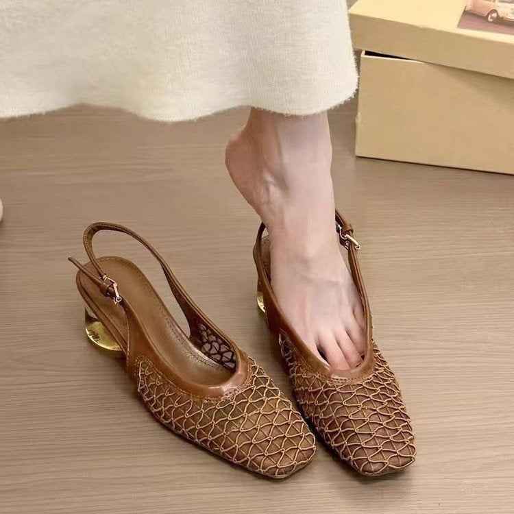 2025 French Retro Square Toe Mesh Hollow Block Heel Mary Jane Sandals For Women