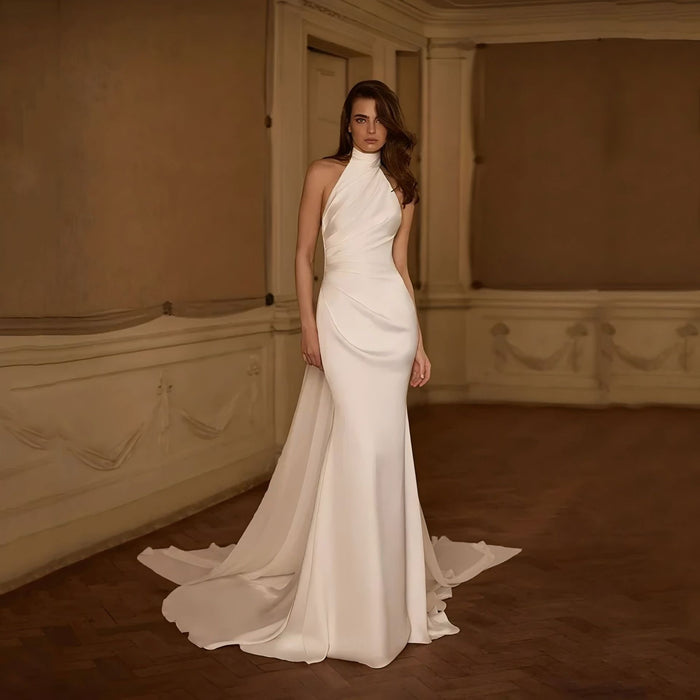 Robe de mariée en satin à dos nu et encolure américaine - Robe de mariée sans manches pour la cérémonie