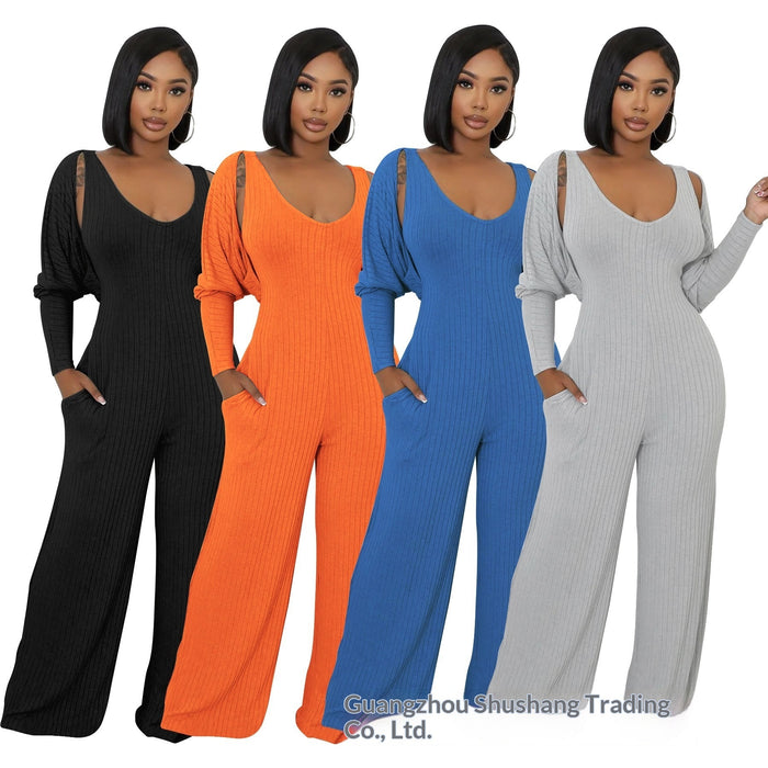 Ensemble combinaison à manches longues côtelé ultra-extensible pour femme