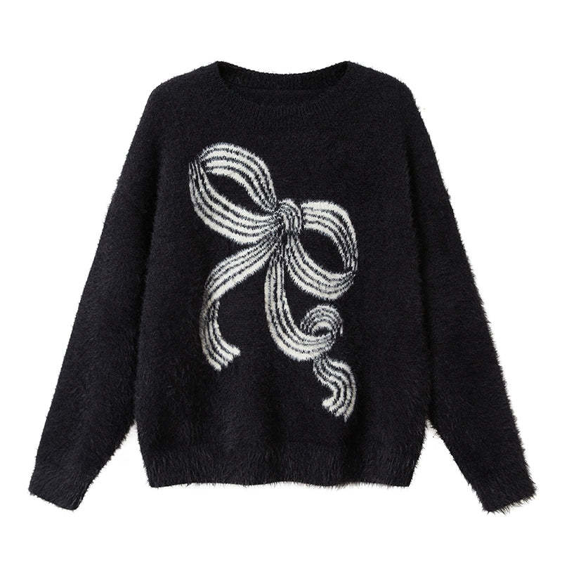 Bow-knot Plush Knitted Relaxed-fit Crewneck Sweater by Mirlaine Univers