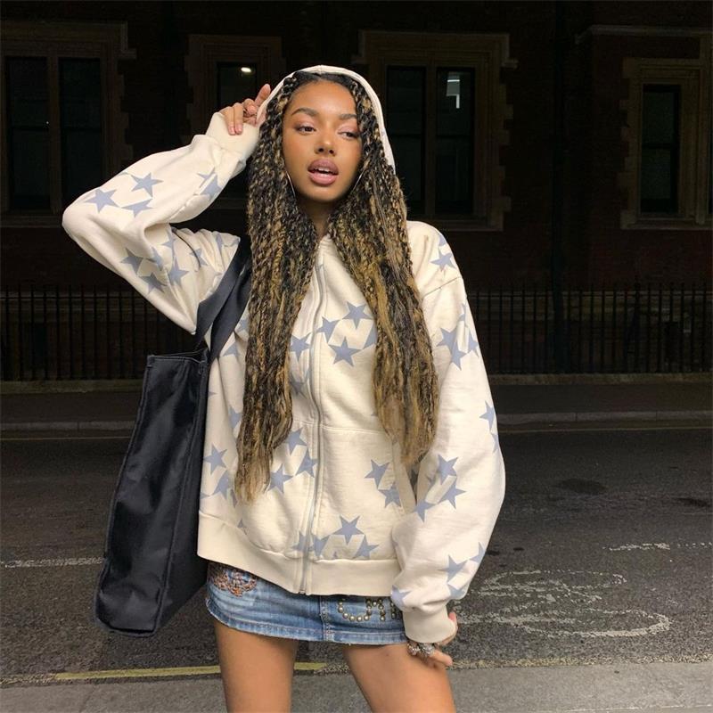 Stars Printed Zipper Hooded Cardigan Couple Fashion Outerwear Hoodies Sweatshirt Street Men Women Coat by Mirlaine Univers