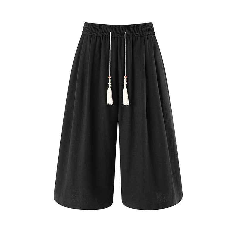 Retro Cotton-linen Wide-leg Casual Capri Pants