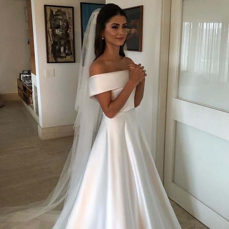 Simple A Line Wedding Dresses Satin Off The Shoulder Wedding Bridal Gowns Sweep Train Casual Dresses Zipper With Buttons Back by Mirlaine Univers