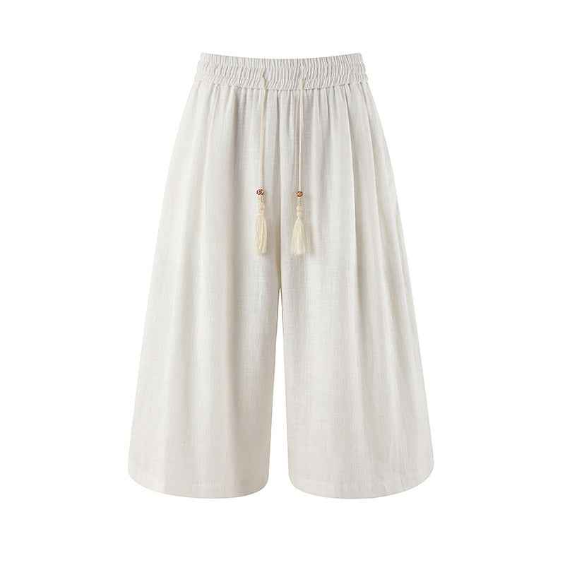 Retro Cotton-linen Wide-leg Casual Capri Pants