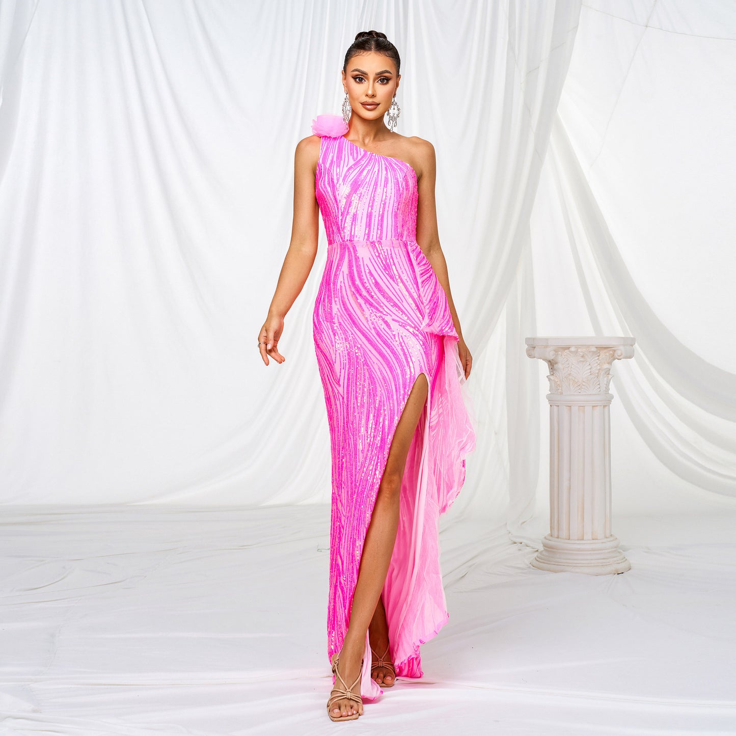 One-shoulder Diagonal Collar Sequined Slit Evening Dress by Mirlaine Univers