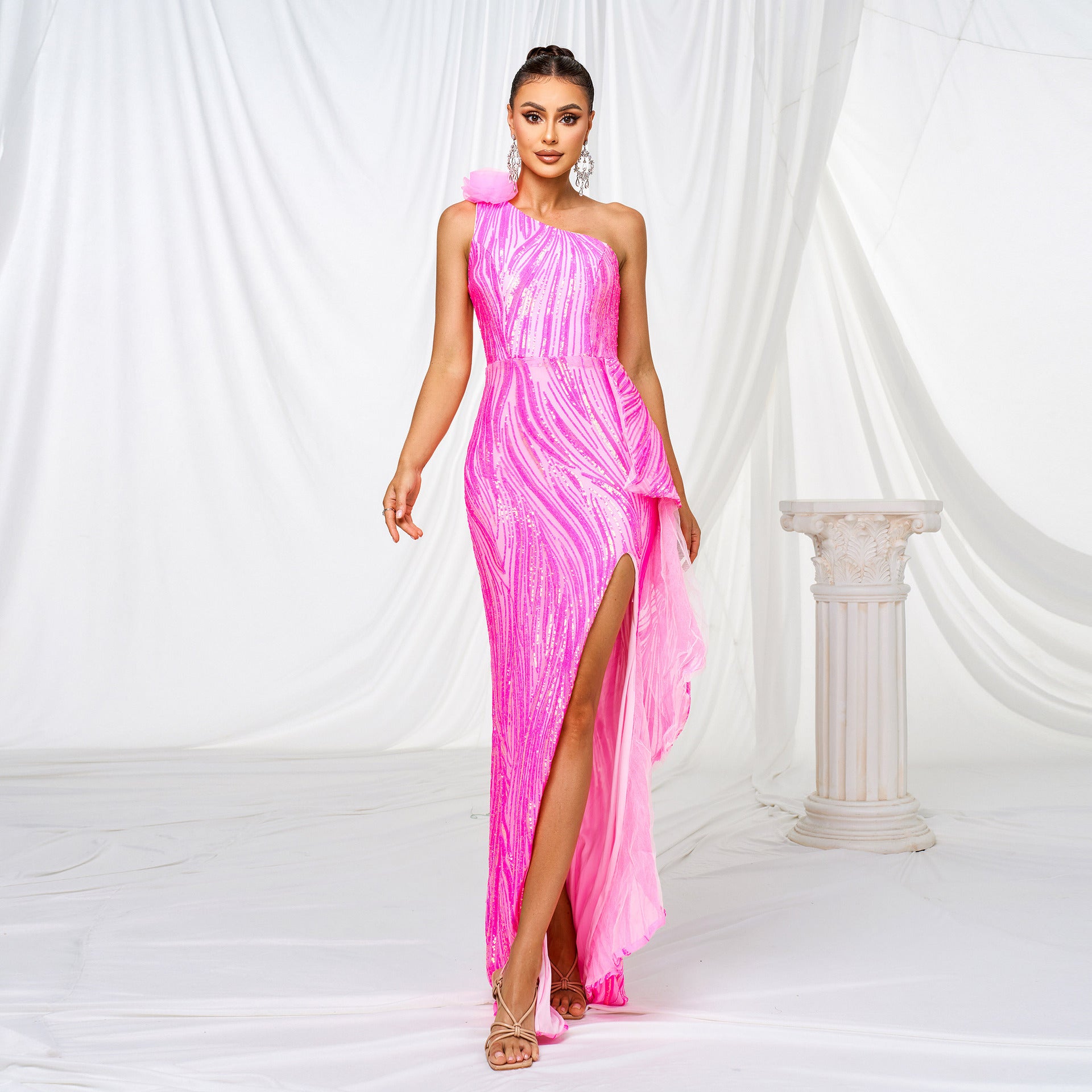 One-shoulder Diagonal Collar Sequined Slit Evening Dress by Mirlaine Univers