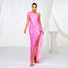One-shoulder Diagonal Collar Sequined Slit Evening Dress by Mirlaine Univers