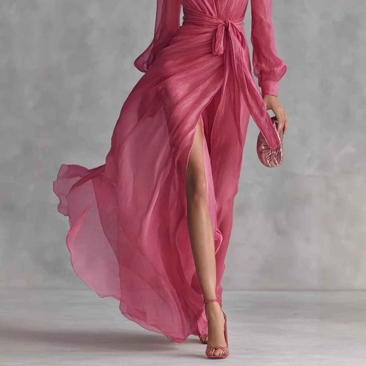 Casual Court-Style V-Neck Lace-Up Puff-Sleeve Dress
