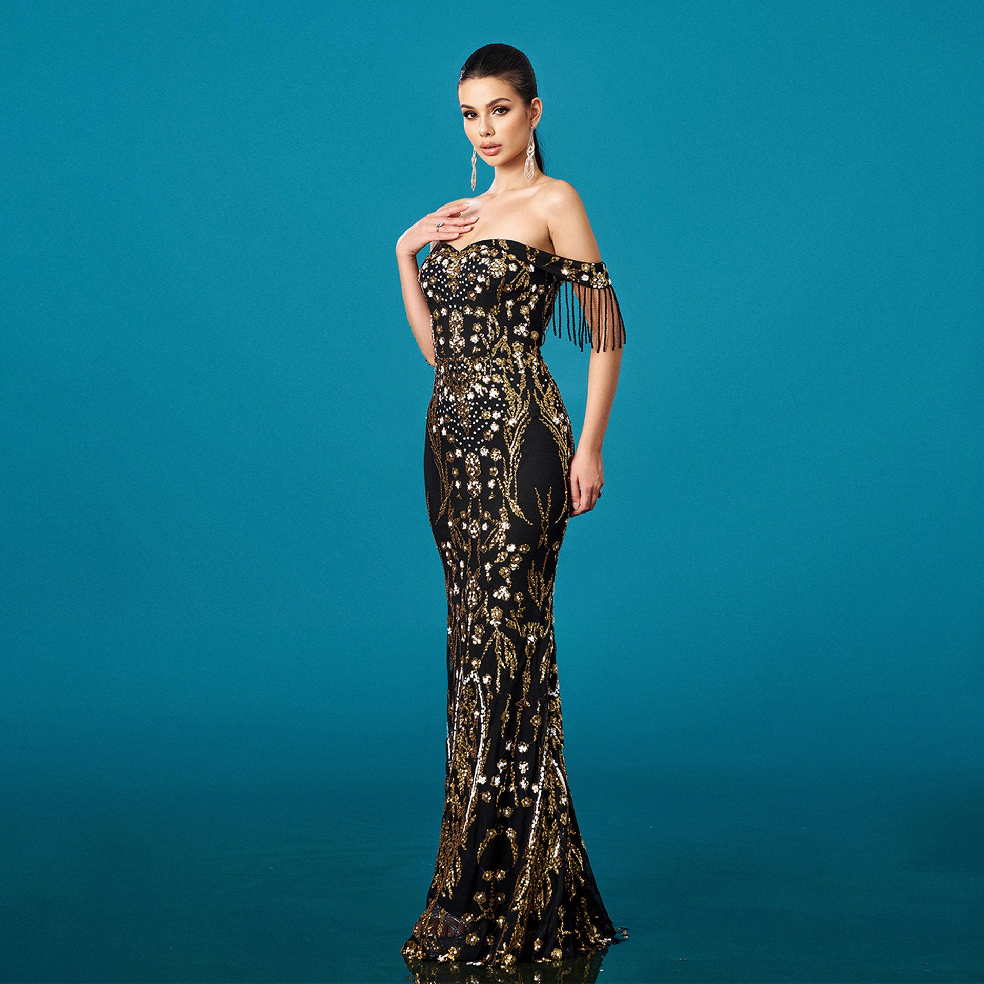 Off-neck Tassel Sequined Fishtail Evening Dress For Banquet by Mirlaine Univers