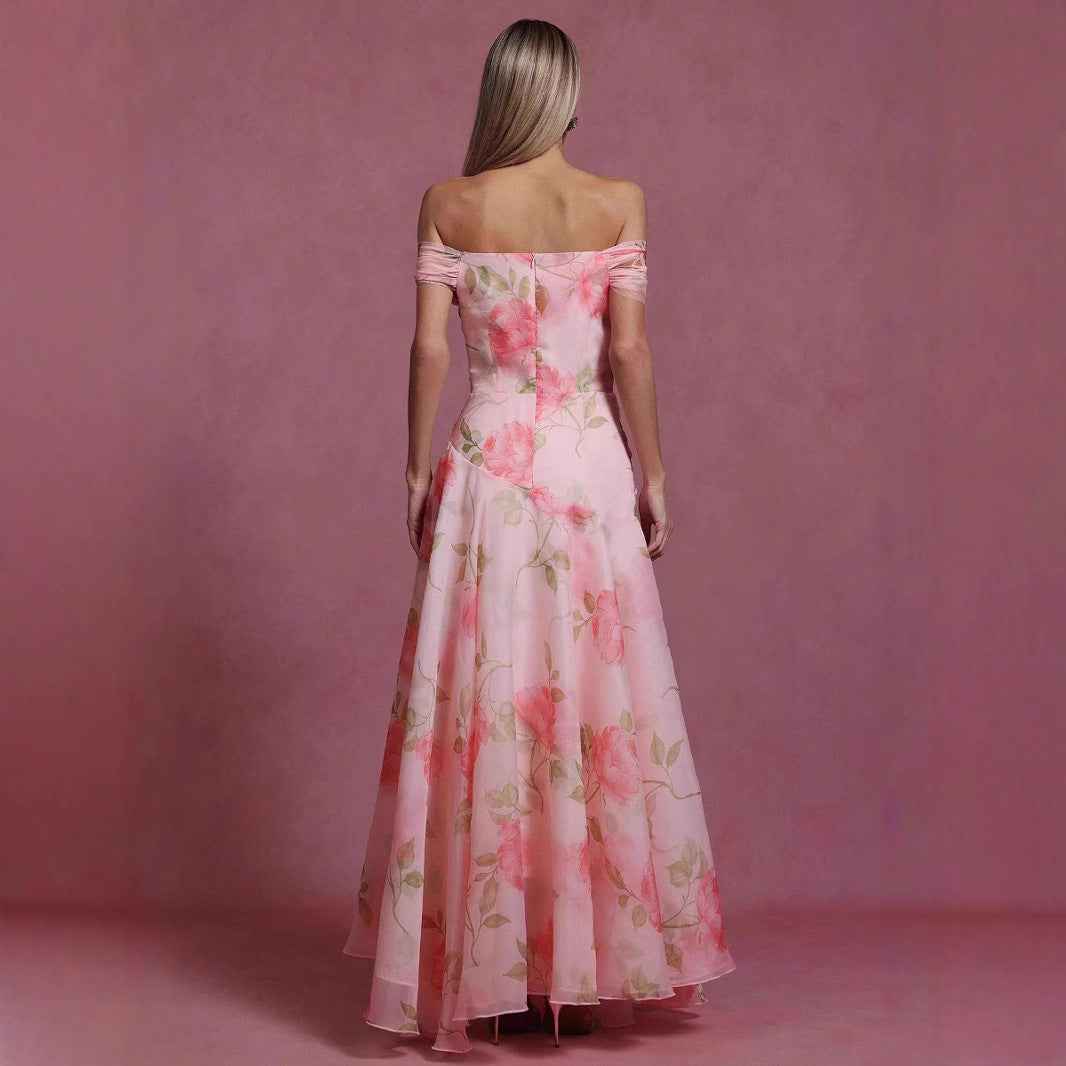 Retro Floral Waist-Cinching Casual Printed Off-Shoulder Dress