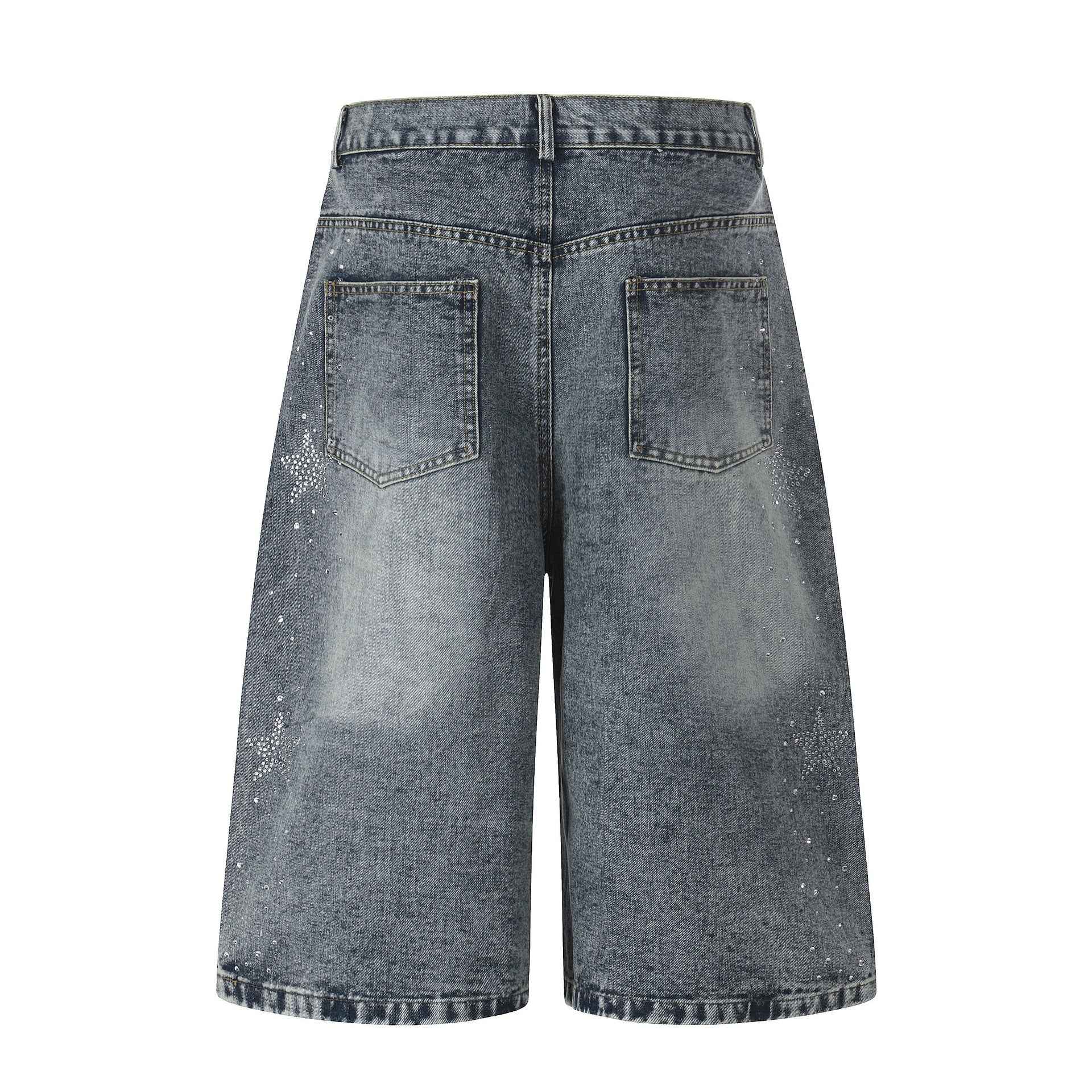 Star-shaped Rhinestone Embellished Capri Denim Shorts Womens Loose-fit