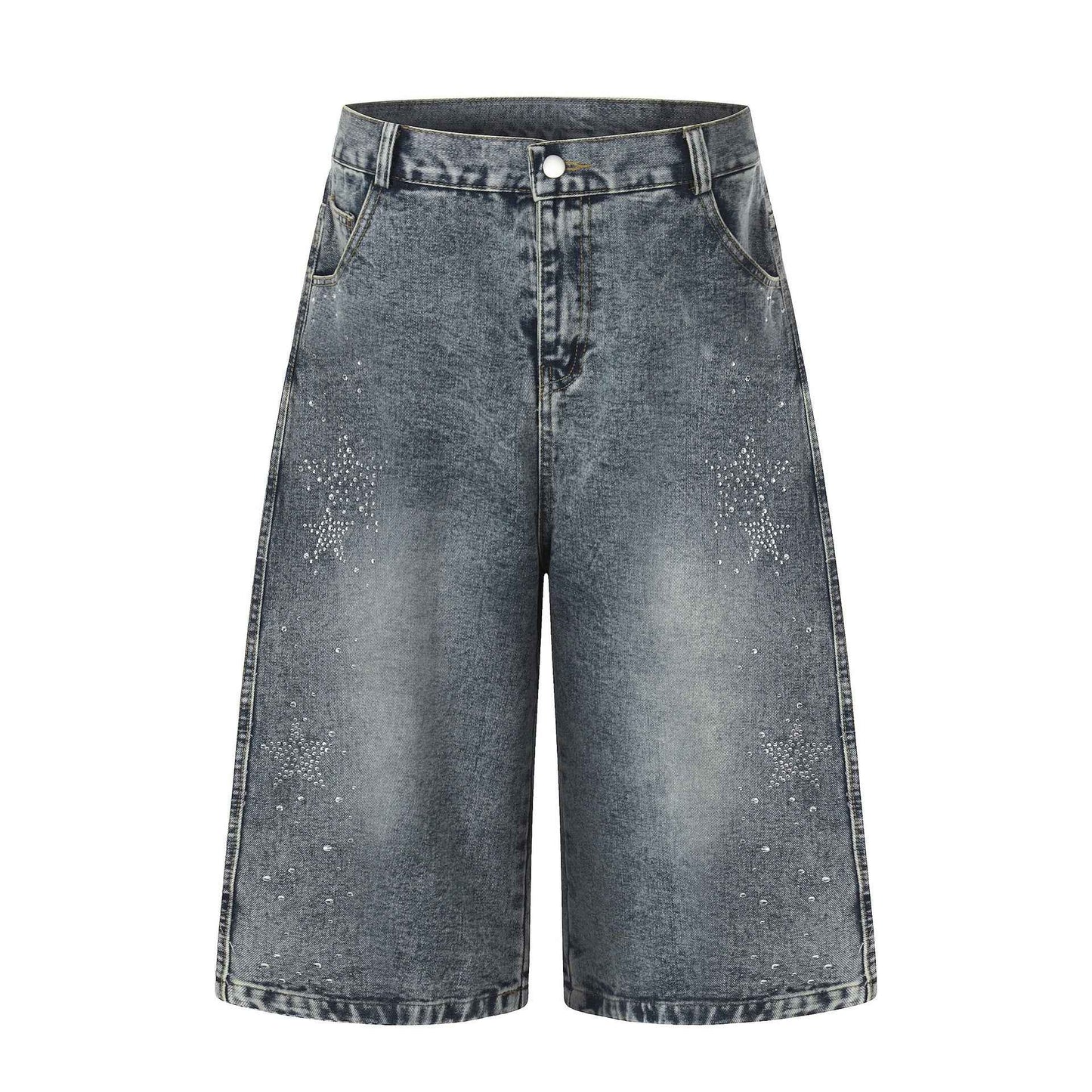 Star-shaped Rhinestone Embellished Capri Denim Shorts Womens Loose-fit