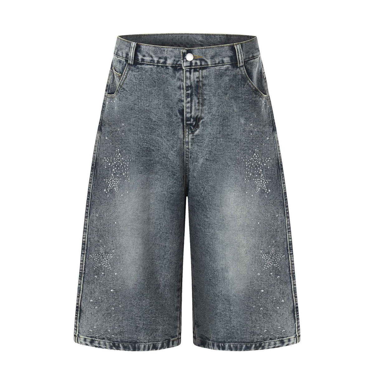 Star-shaped Rhinestone Embellished Capri Denim Shorts Womens Loose-fit