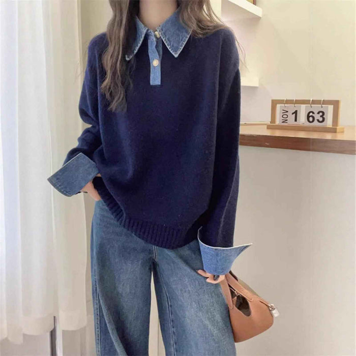 Women's Denim Sleeve Stitching Fake Two Pieces Sweaters Coat New Loose