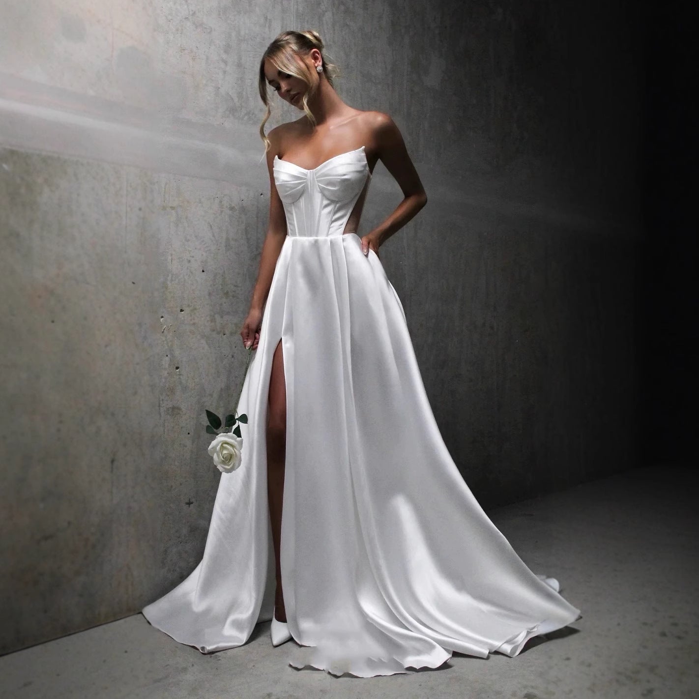 White Satin Slit Pocket Bandage Wedding Dress by Mirlaine Univers
