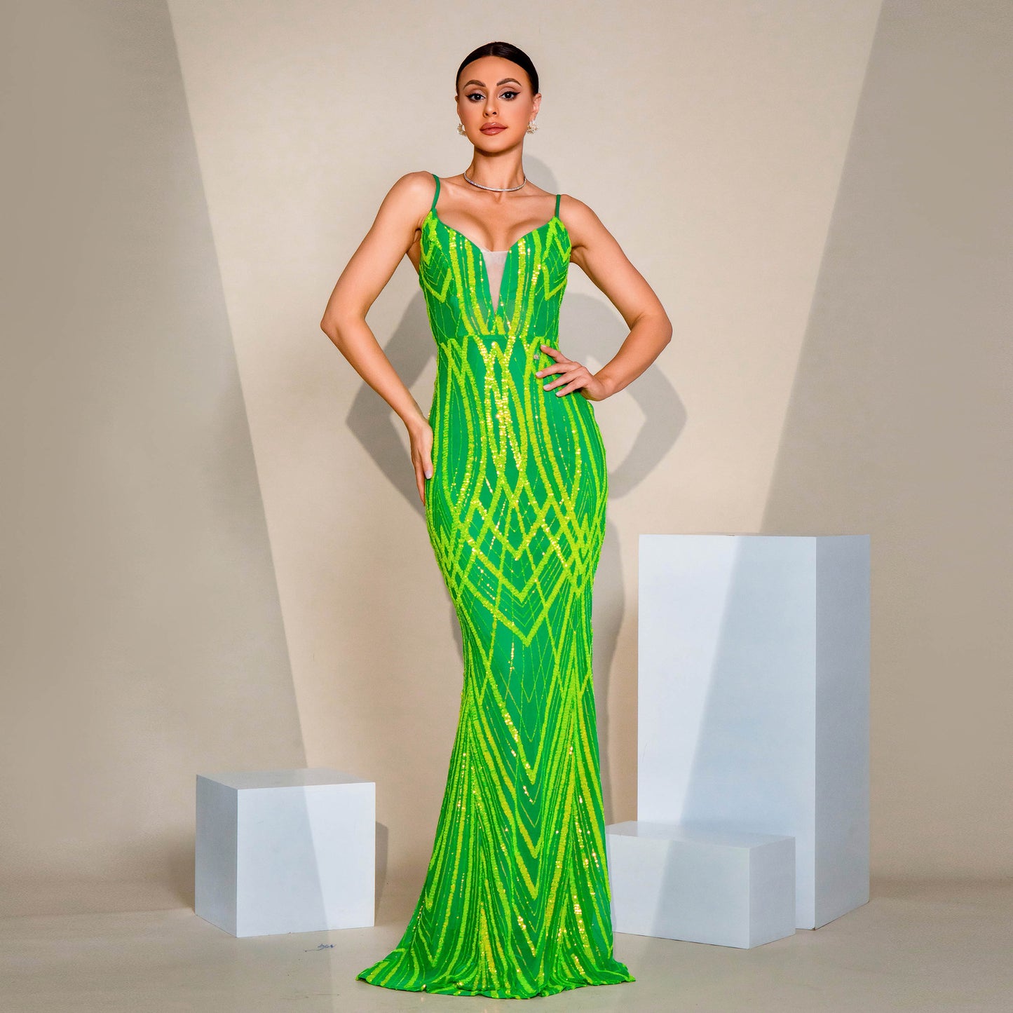 V-neck Strap Sequined Fishtail Evening Dress by Mirlaine Univers