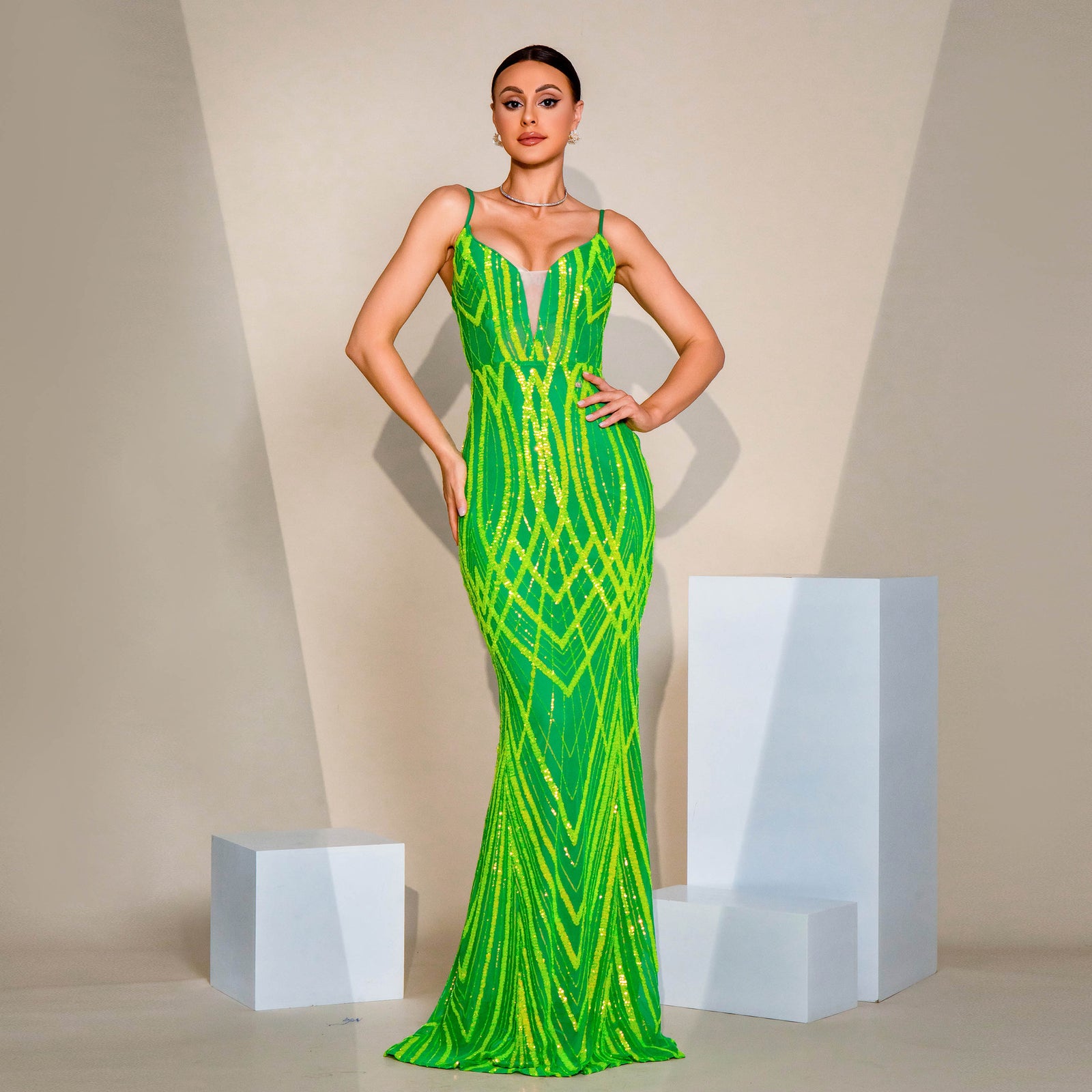 V-neck Strap Sequined Fishtail Evening Dress by Mirlaine Univers