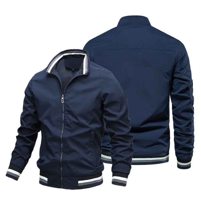 2026 New Men Striped Rib Stand Collar Bomber Jacket Solid Black Zip Up Lightweight Windbreaker Striped Cuff Hem Casual Baseball Coat Outdoor Daily Streetwear Outerwear