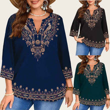 Fashionable Casual V-Neck Ethnic-Style Printed Three-Quarter-Sleeve Shirt Top