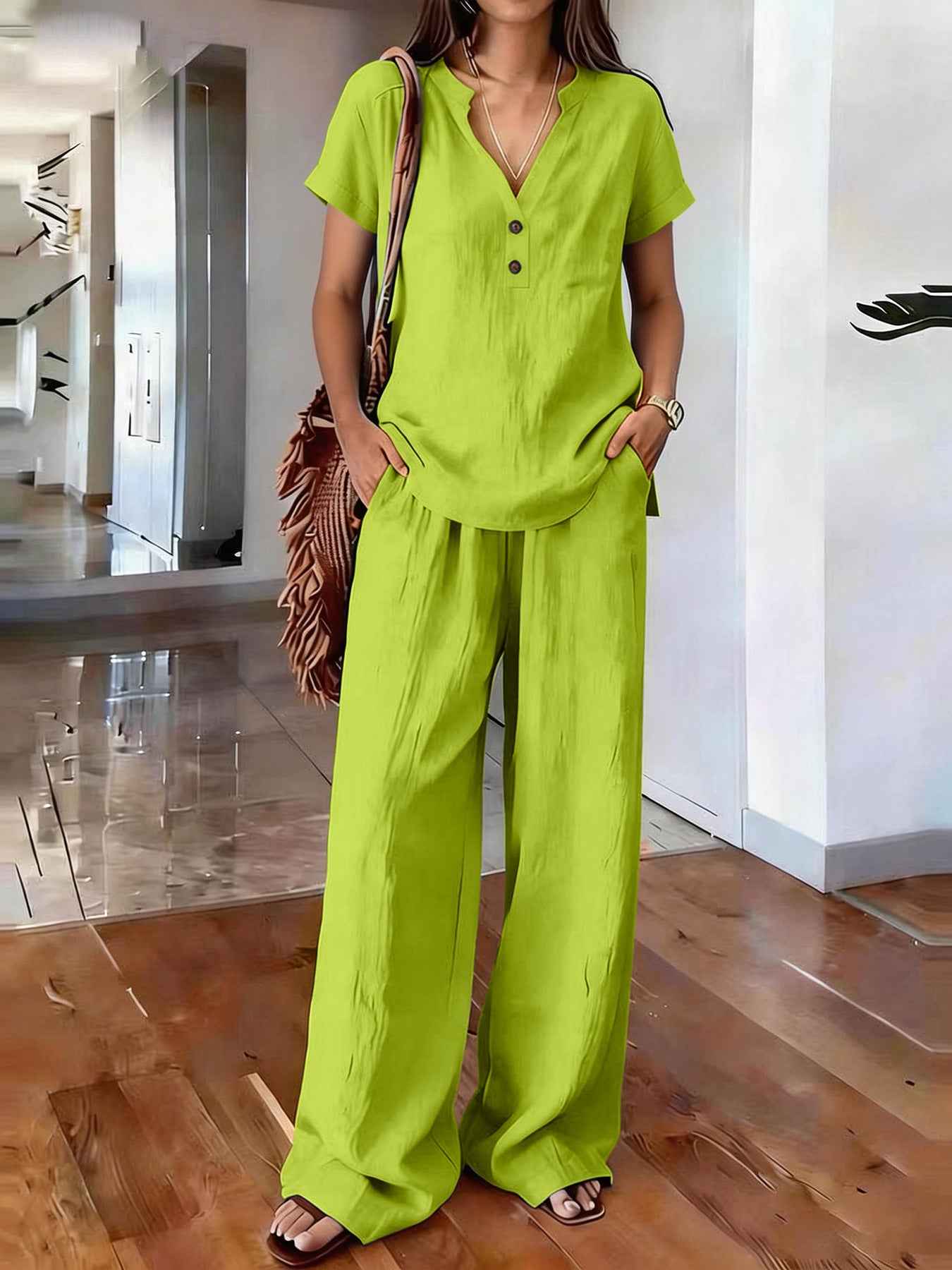 Women's Casual Solid-Colored Cotton And Linen Set