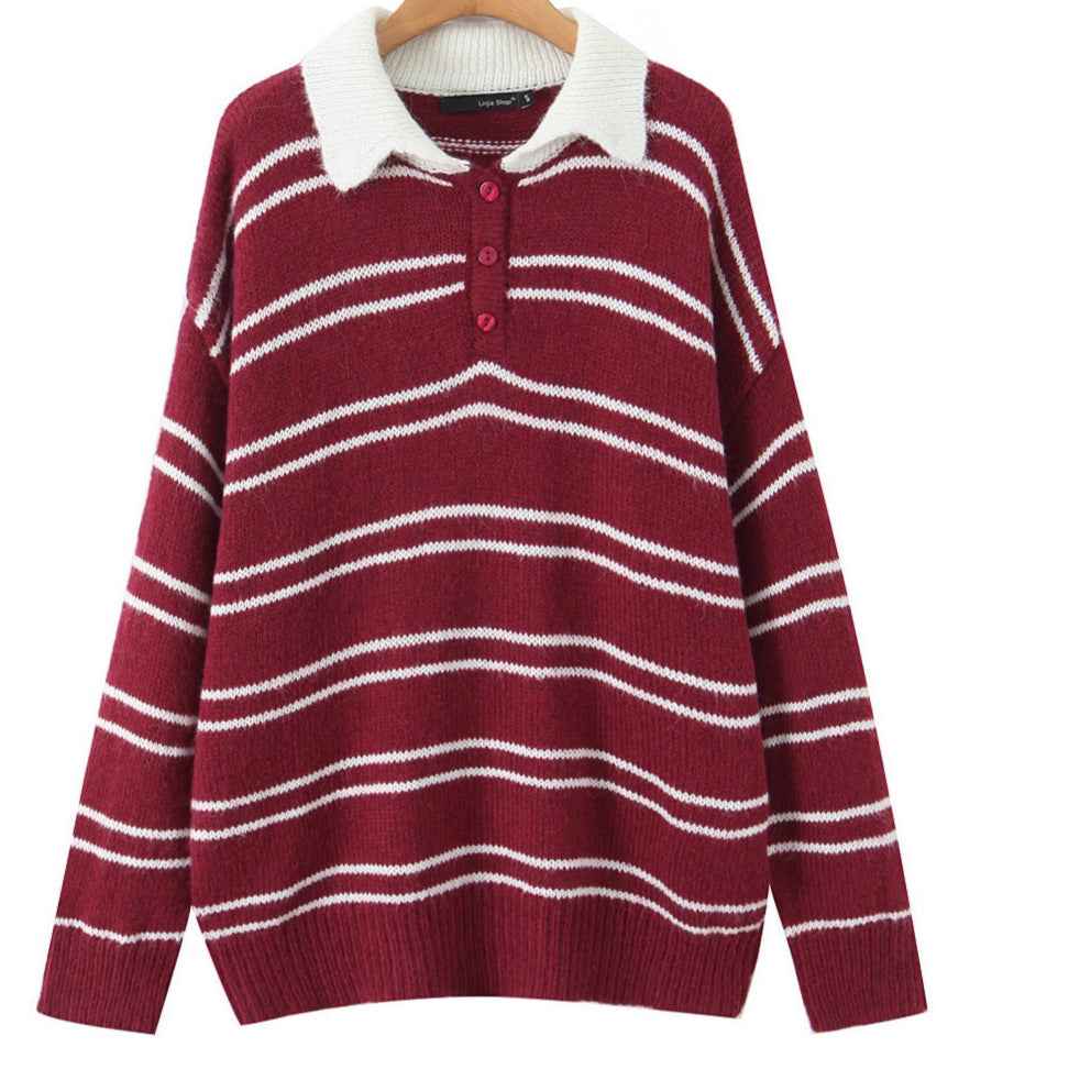 American Retro Preppy-Style Color-Block Striped Lapel Knit Sweater
