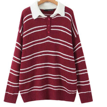 American Retro Preppy-Style Color-Block Striped Lapel Knit Sweater