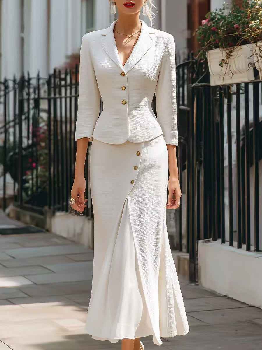 Three-quarter-sleeve Blazer And Long Skirt Set With Buttons And A Slit Mid-length Skirt