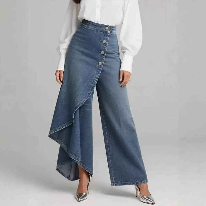 Denim Skort With Button Closure And Washed Finish For Women
