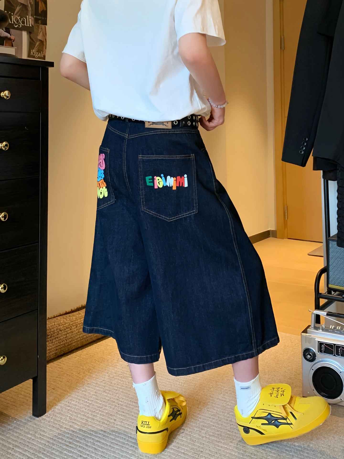 Printed Utility Overalls Versatile Straight-leg Cropped Denim Shorts