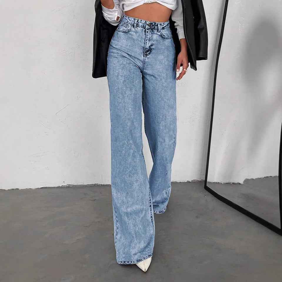 Womens Straight-Leg Denim Jeans Loose Slimming Casual Wide-Leg Style