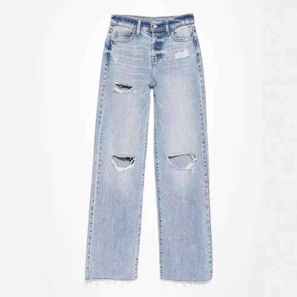 Ripped, Raw-Hem Denim Jeans Casual Washed Womens Straight-Leg Pants