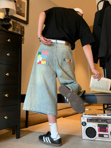 Printed Utility Overalls Versatile Straight-leg Cropped Denim Shorts