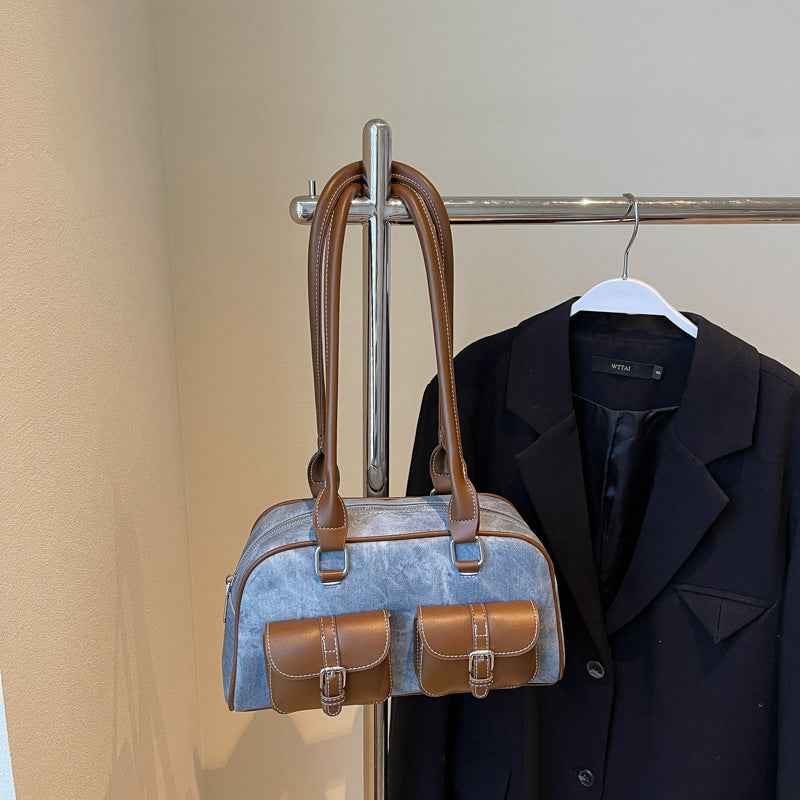 Retro Niche Color-block Commuter Handbag With A Chic Boston-style Underarm Design