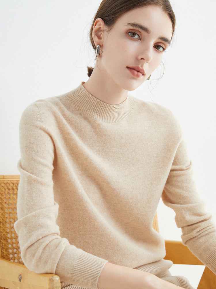 Half High Collar Pure Wool Women's Long Sleeved Knitted Base Sweater