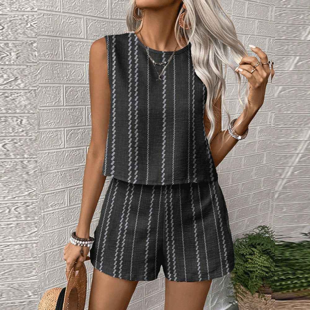 Womens Casual Striped Sleeveless Fashion Top And Shorts Two-Piece Set