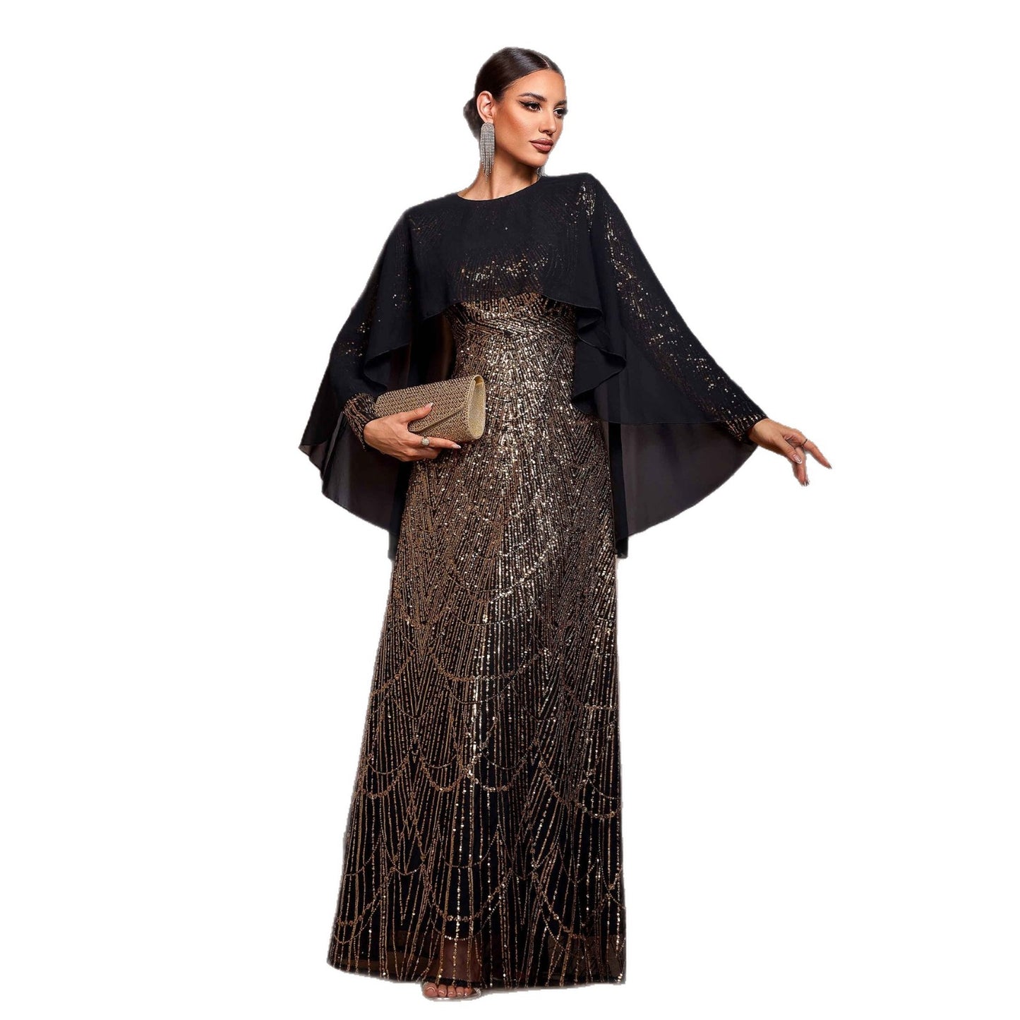 Elegant Long Sleeve Round Neck Shawl Banquet Sequined A- Line Evening Dress by Mirlaine Univers