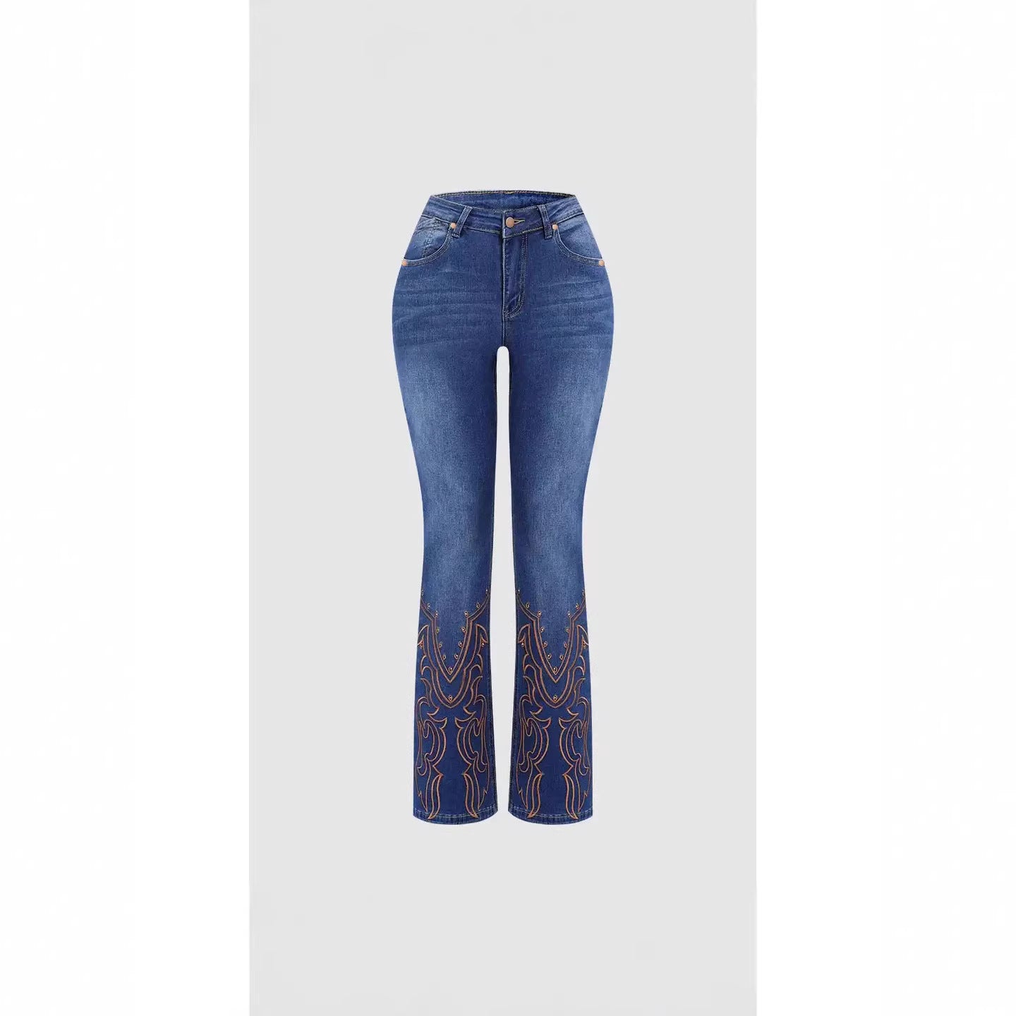 Womens Retro Beaded Embroidered Stretch Denim Jeans by Mirlaine Univers