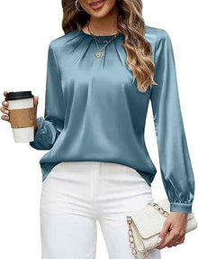 Womens Casual Pleated Long-Sleeve Top Satin Crew-Neck Shirt