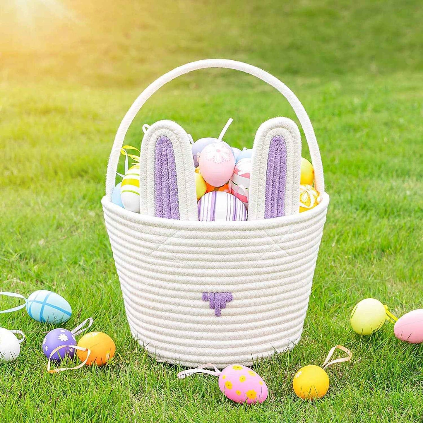 Easter Egg Portable Basket Cartoon Rabbit Hand-woven Cotton Cord Candy Bag