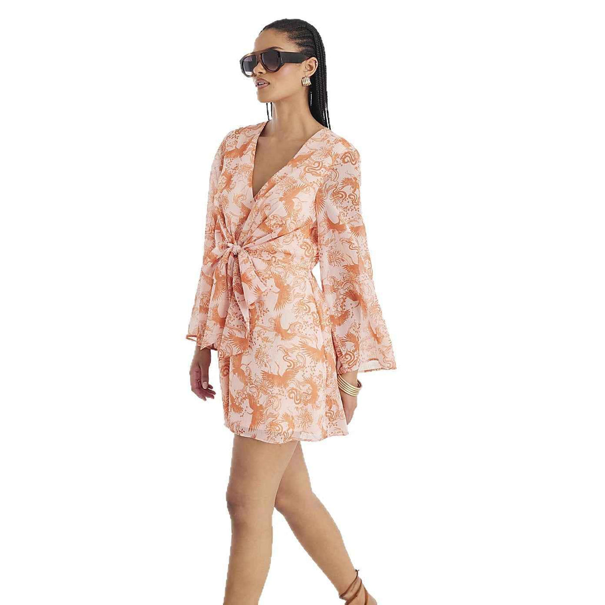 Loose-fit Lace-up V-neck Printed Womens Dress