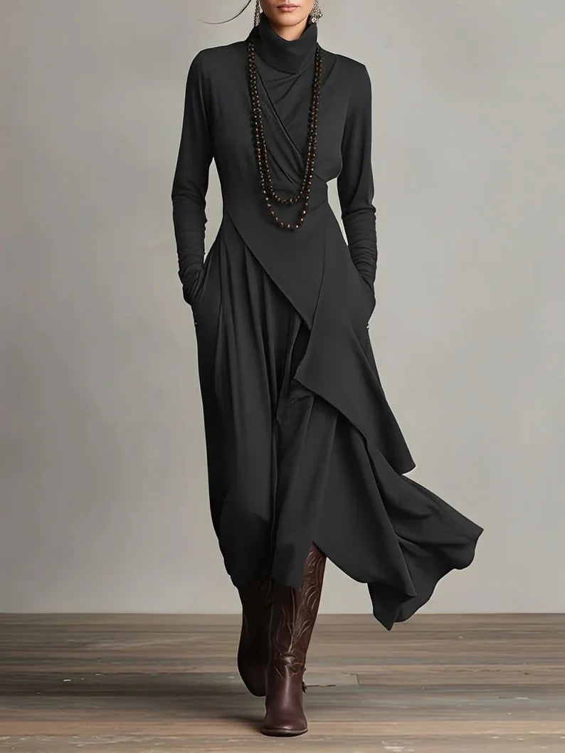 Women's Solid Color Cross-sleeve High-neck Dress by Mirlaine Univers