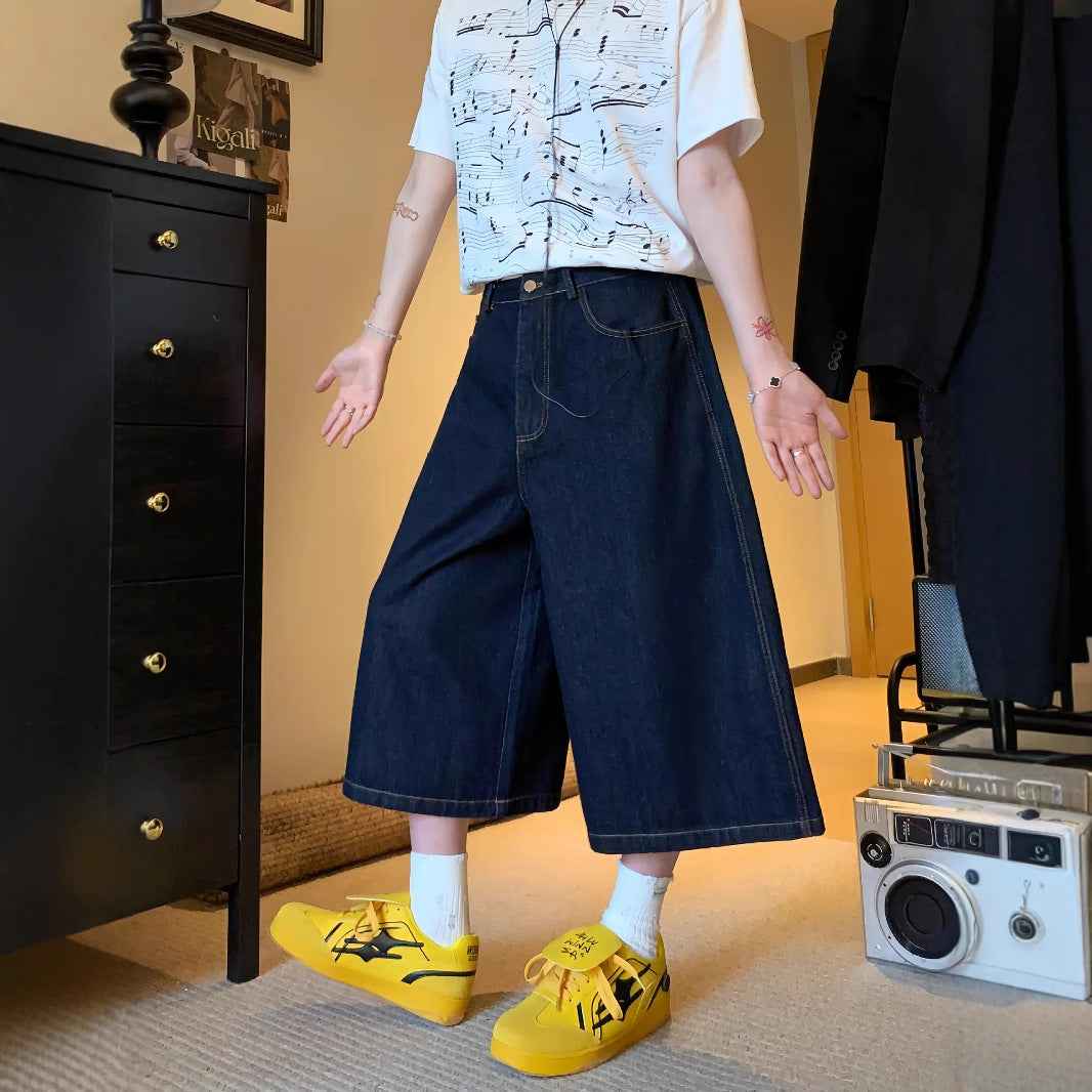 Printed Utility Overalls Versatile Straight-leg Cropped Denim Shorts