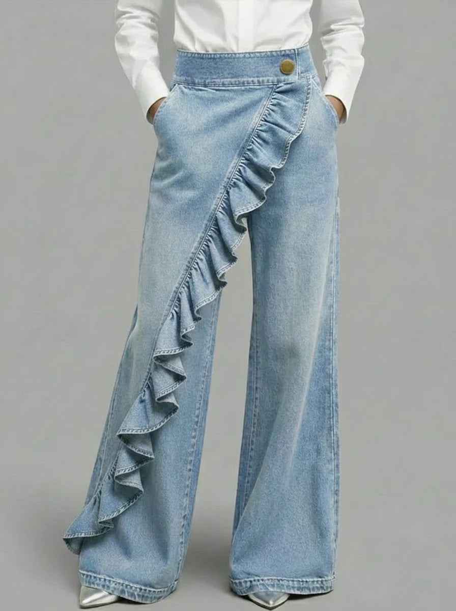 Retro Irregular High-Waist A-Line Denim Trousers