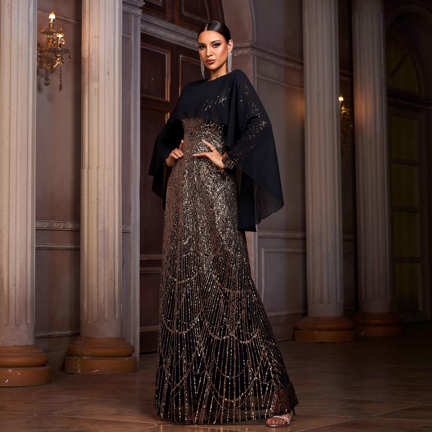 Elegant Long Sleeve Round Neck Shawl Banquet Sequined A- Line Evening Dress by Mirlaine Univers