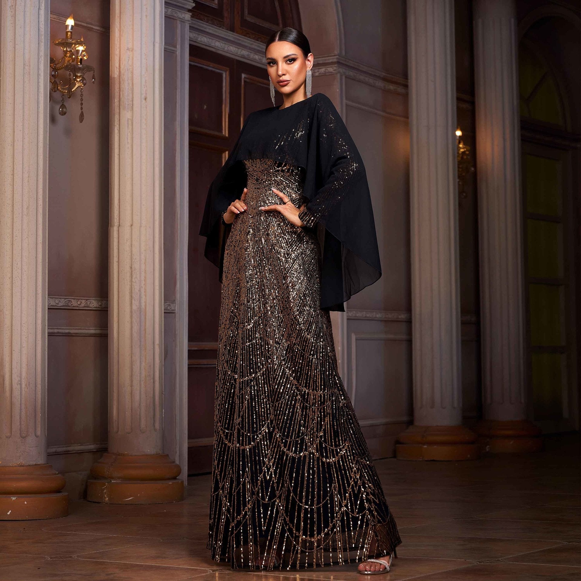 Elegant Long Sleeve Round Neck Shawl Banquet Sequined A- Line Evening Dress by Mirlaine Univers