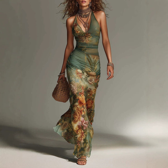 Retro-printed Sexy Lace-up Halter-neck Backless Dress
